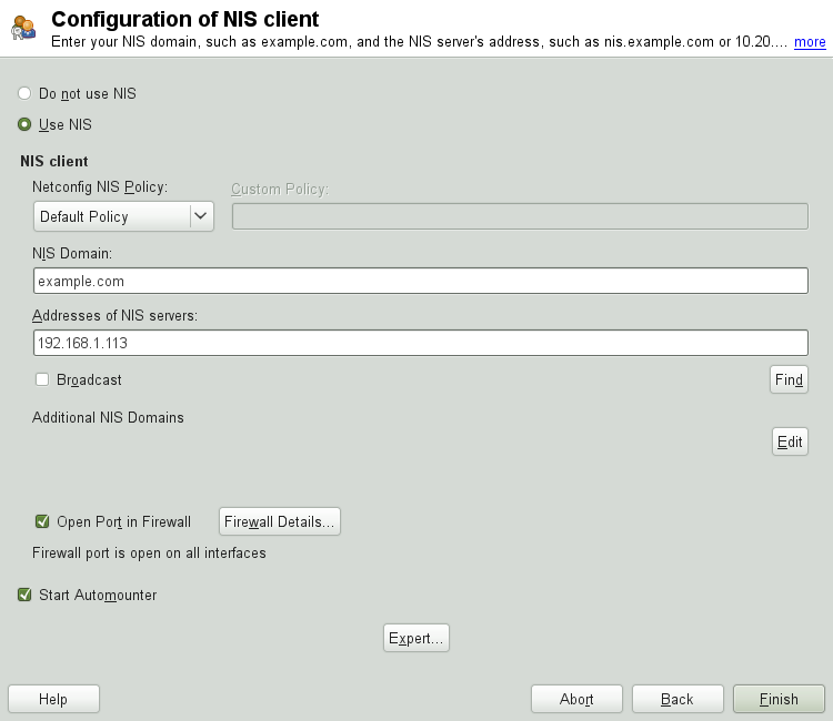 Установка домена и адреса NIS-сервера